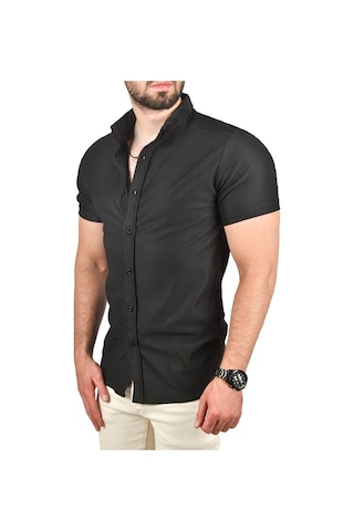 Deepsea Erkek Siyah Slim Fit Likralı Spor Gömlek Dar Kesim Jakar Kumaş Kısa Kol Gömlek 2500804 Siyah