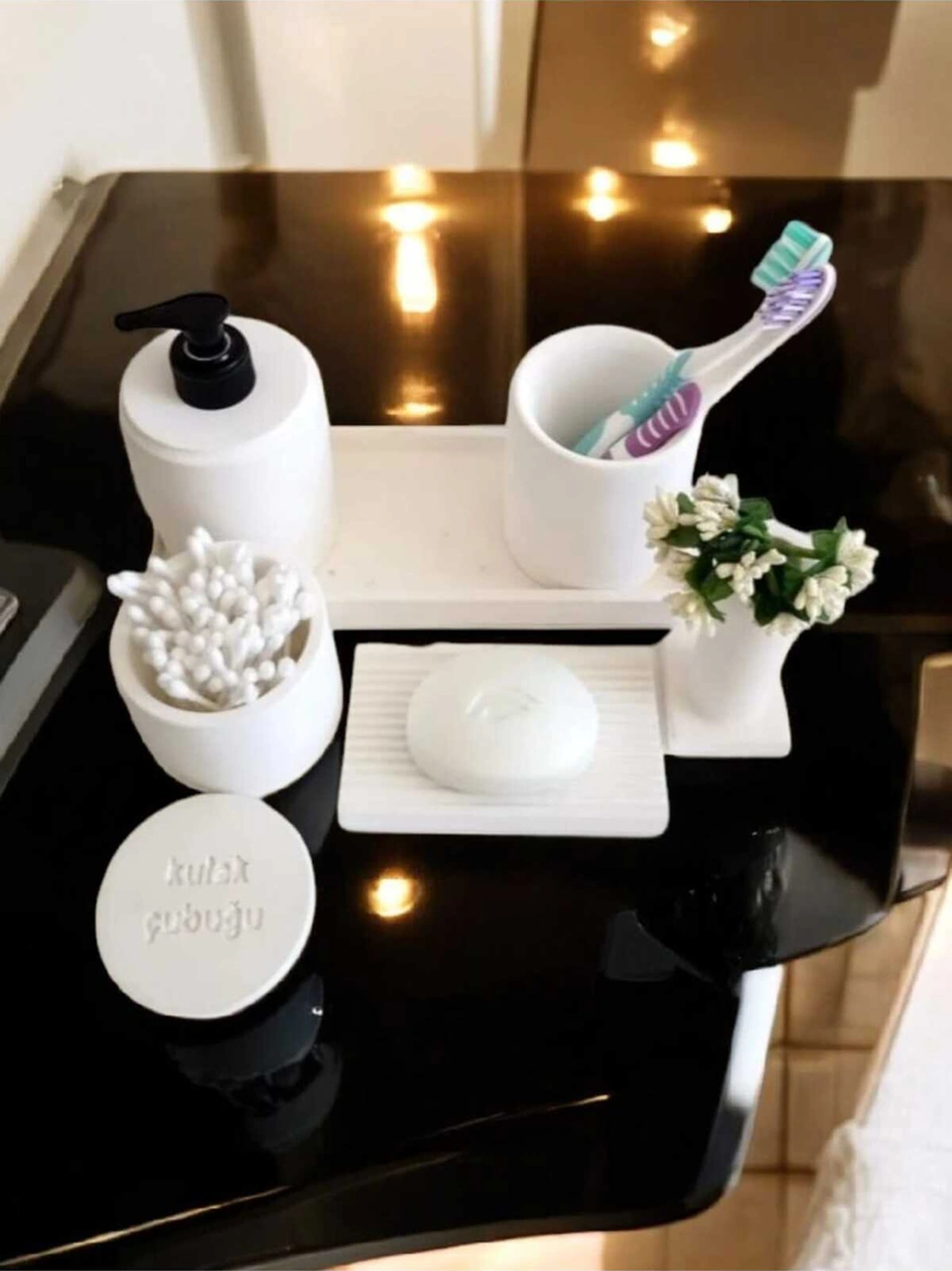 Kırık Beyaz Beton Banyo Seti Tuvalet Wc Sıvı Sabunluk Diş Fırçalığı Beton Aksesuar Takım Beyaz