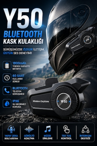 Y50 Bluetooth Kask Kulaklığı Motosiklet İnterkomu 1800mah Batarya 60 Saat Kullanım Ipx6 Mikrofonlu Kulaklık