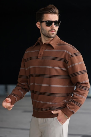 Madmext Kahverengi Çizgili Polo Yaka Erkek Sweatshirt E7172 Kahverengi