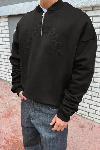 Flaw Nakışlı Half Zip Sweatshirt-28695 Sİyah
