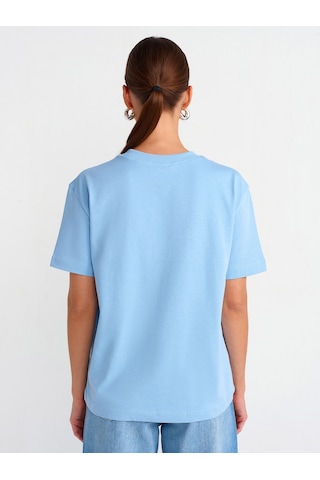 Dilvin 30312 Dekoratif Dikişli Bisiklet Yaka Tshirt-mavi Mavi