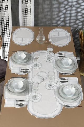 Aslı Keten Nakışlı Amerikan Servis Takımı 19 Parça Silver Gümüş