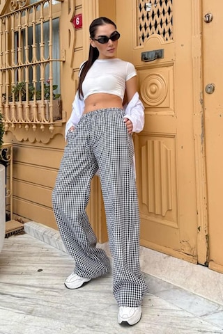 Madmext Siyah Beli Ayarlanabilir Ekoseli Bol Paça Kadın Pantolon Mg2335 Siyah