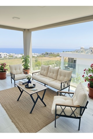 Ard & Garden Miray 311 Masalı Krem Fermuarlı Bahçe Balkon Takımı, Salon, Teras- Berjer Düğmeli Metal Çay Seti Krem