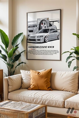 Honda Civic Ek9 Jdm Araba Posteri, Siyah Çerçeveli Duvar Tablosu - Oto Severlere Özel Hediye