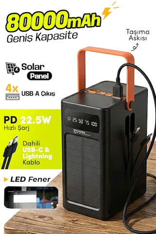 7go Gpw-10 80000mah Güneş Enerjili Powerbank Pd 22.5w Hızlı Şarj Dahili Kablolu, 4 Usb Çıkışlı Taş Siyah