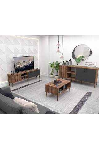 Set 1581-2070-1620 Exxen Ahşap Ayaklı Tv Ünitesi - Orta Sehpa - Konsol Seti Hat - Antrasit