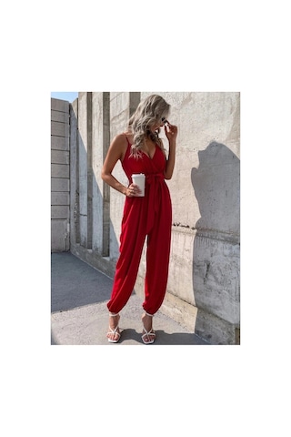 Butik İstanbul Kadın Ip Askılı Kruvaze Yakalı Belden Kuşaklı Uzun Sandy Tulum Kırmızı