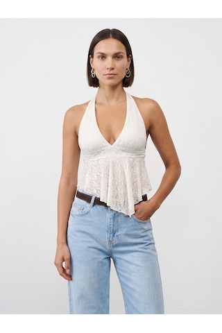 Dilvin 21228 Dantel Halter Yaka Top-ekru
