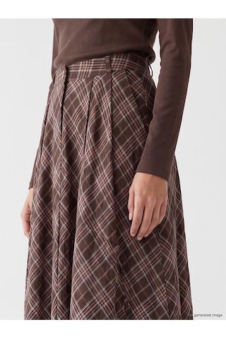 Lcwaıkıkı Classic Kahverengi Pileli Ekose Poplin Etek