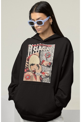 Sevbano Lady Gaga Tasarım Baskılı Unisex Oversize Şarkıcı Hoodie Siyah