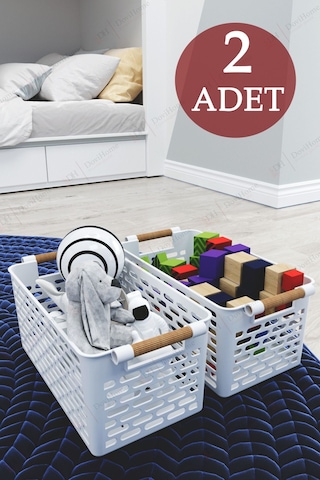 2 Adet Ahşap Saplı Görünüm Beyaz Renk Plastik Mutfak Banyo Eşya Organizer Sepet Düzenleyici Set Beyaz