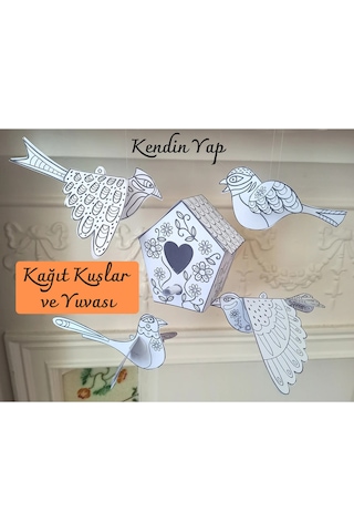Kağıt Kuşlar Ve Yuvası Şablonu, Kendin Yap, 4 Adet Şablon, Boyama Ve El Sanatları.