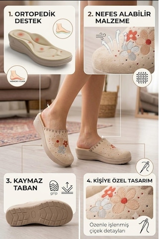 Kadın Bej Çiçek Nakışlı Ev Terliği