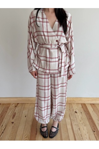 Laluvia Kırmızı Ekose Kimono Şalvar Takım - 0993