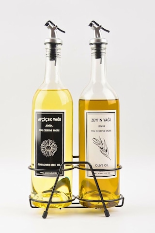Lexroo Şeffaf 750 Ml Siyah Beyaz Etiketli Siyah Standlı Akıtıcılı Yağlık Yağdanlık