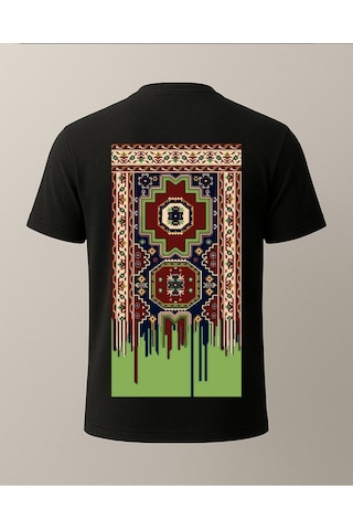 Etnik Yeşil Detaylı Halı Baskılı T-shirt Siyah