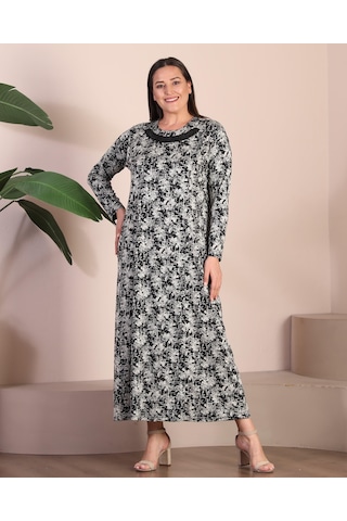 Kadin Tesettur Buyuk Beden Yakası Garnili Anne Elbise 001