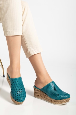 Analin Shoes Kadın Hakiki Deri Burnu Kapalı Dolgu Topuk Terlik Ocean Depths