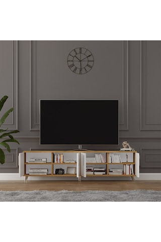 Asra Trend Tv Ünitesi T-03 %100 MDF 160 cm Tv Sehpası 4 Kapaklı Raflı Beyaz-Petra