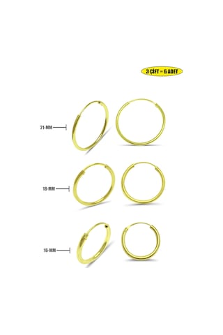 Midyatgümüşnurtaş 3'Lü Halka Altın Kaplama Bayan Gümüş Küpe 21/18/16 Mm