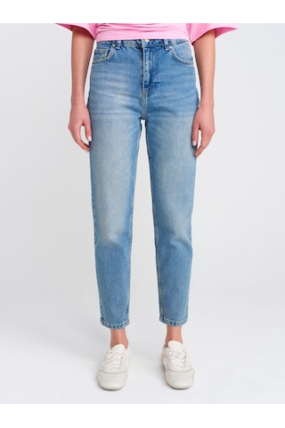 Dilvin 71779 Lazer Yıkama Likralı Denim Mom Pantolon Mavi