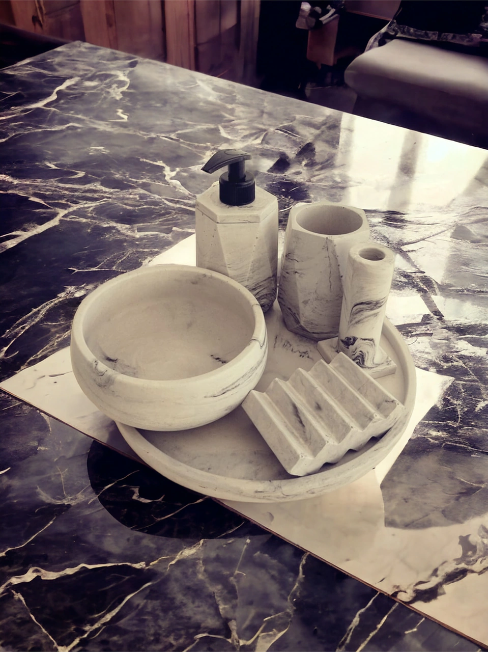 6'lı Mermer Desenli Antrasit Beton Banyo Seti , Sıvı Sabunluk Diş Fırçalığı Aksesuar Takım Antrasit