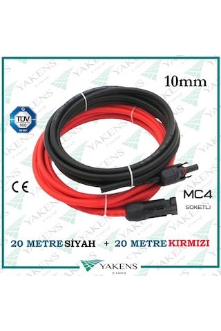 Mc4 Soketli 20m+20m 40 Metre 10mm Güneş Paneli Hazır Solar Kablo Siyah Kırmızı