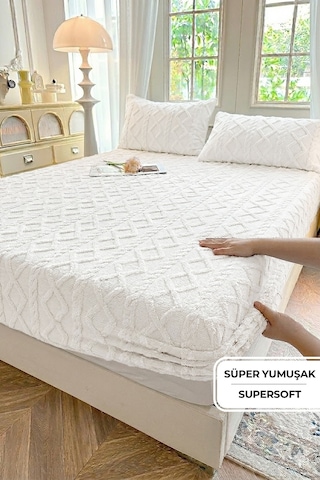 Süper Yumuşak Jakar Kadifemsi Peluş Lastikli Fitted Çarşaf Seti Kaymaz Tek/çift Kişilik Krem Kırık Beyaz