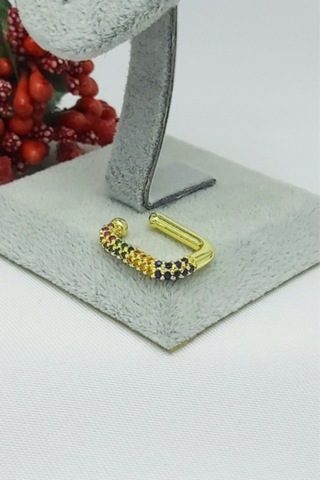 Caisyabutik Altın Kaplama Özel Seri Renkli Taşlı 2 Li Kombin Çelik Kıkırdak Altın