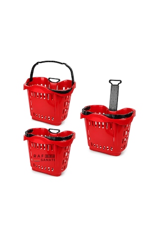 10 Adet - 43 Lt Tekerlekli Market Sepeti Plastik Alışveriş Sepeti Ergonomik Çift Saplı Kırmızı