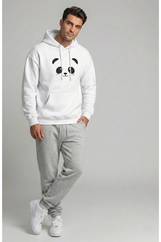 Nevermind Unisex Sevgili Çift Kombini Oversize Panda Baskılı Çift Hoodie Beyaz