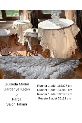 Salon Takımı 5 Parça Keten Masa Örtüsü Runner Seti Çeyizlik Gülseda Model No 896 Krem-krem Çok Renkli
