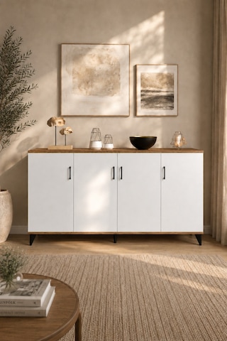 Vora Konsol Çam Beyaz 4 Kapaklı 6 Raflı Çok Amaçlı Dolap Kahve Köşesi Tv Ünitesi Banyo Dolabı 180 Cm Atlantik Çam - Beyaz