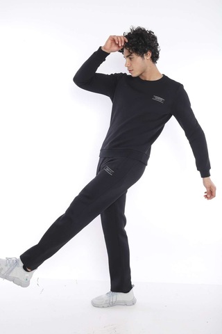 Escetic Erkek Spor Siyah Kışlık Sweatshirt Takım, 3 İplik (İçi Şardonlu)