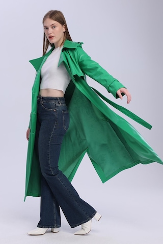 Selectmoda Kadın Kemerli Kruvaze Uzun Kaban Yeşil