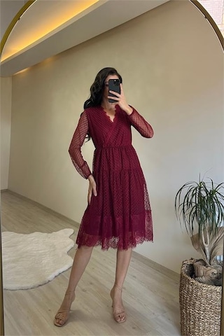 Neşeli Butik Kadın Kruvaze Yaka Dantelli Tül Elbise Nm010 Bordo