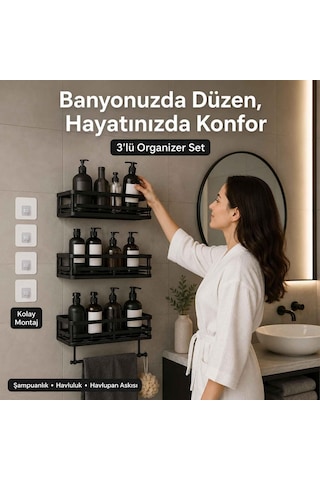 3'lü Banyo Düzenleyici Organizer Siyah, Yapışkanlı Duş Rafı Şampuanlık Havluluk Havlupan Askısı, Banyo Mutfak Çok Renkli