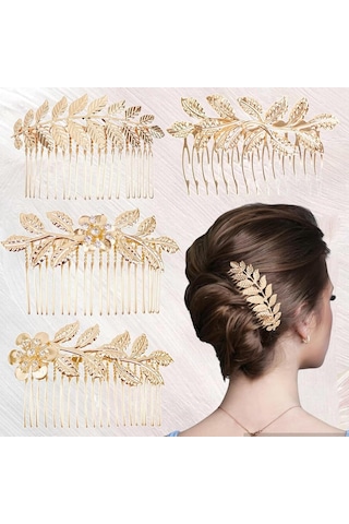 4 Parça Altın Yapay Elmaslı Diş Detaylı Saç Tarağı, Yaprak Saç Yan Tarağı, Kadınlar İçin Vintage Düğün Dekoratif Saç Aksesuarları 4 Farklı Boyut