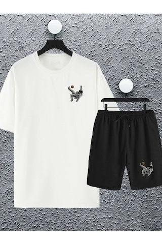 Adrift Macklin Unisex Kadın Erkek Astronot Futbolcu Baskılı Oversize Tshirt Ve Şort Eşofman Takımı M Beyaz