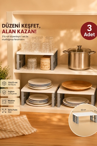 Porsima Org-01 - 3lü Raf Düzenleyici - Dolap Içi Düzenleyici Raf - Mutfak Tabak Bardak Rafı Diğer