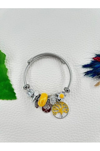 Bhs Life Kadın Charmlı Sarı Renk Kristal Taşlı Hayat Ağacı Çelik Bileklik