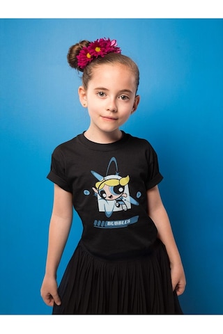 Sevbano Power Puff Girls Bubbles Baskılı Unisex Çizgi Film Çocuk Tişört Siyah