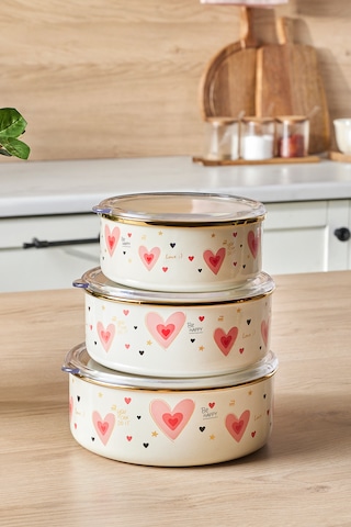 Karaca Kalp Detaylı Pink Love Emaye 3'lü Saklama Kabı Seti Pembe