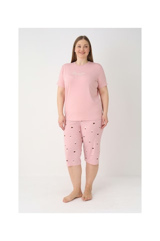 Estiva Kadın Kalp Alt Desenli Pembe Kısa Kollu Kaprili Soft Battal Pijama Takımı Çok renkli