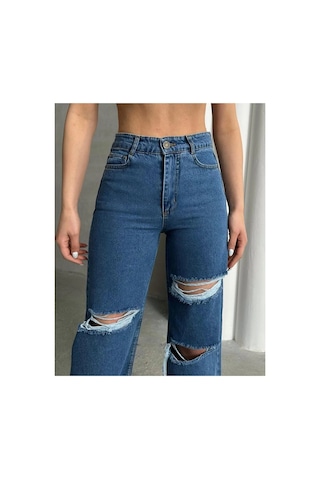 Kene Jeans Çift Diz Lazer Yırtık Mavi Bol Paça Jeans Mavi