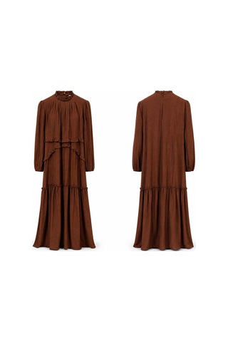 Lale Butik Önü Fırfır Detay Bağcıklı Elbise 330353 Kahverengi