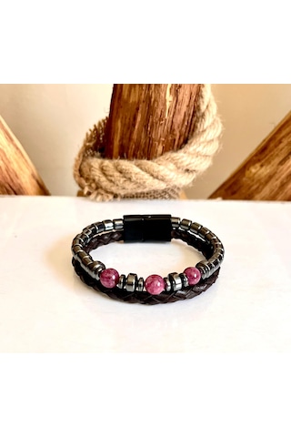 %100 Deri&hematit Kombin Siyah-lila Erkek Bileklik Net 21cm Siyah - Pembe