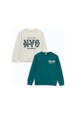 LC Waikiki Lcwk Bisiklet Yaka Erkek Çocuk Kalın Sweatshirt 2'li Lıght Beıge